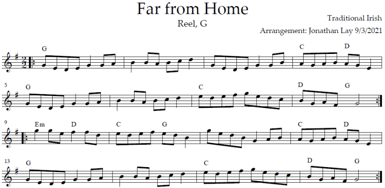 Sheet music for Far from Home. Traditional Irish reel. Key of G. Arranged by Jonathan Lay 9/3/2021. Chords for Far from Home. trailjams.org