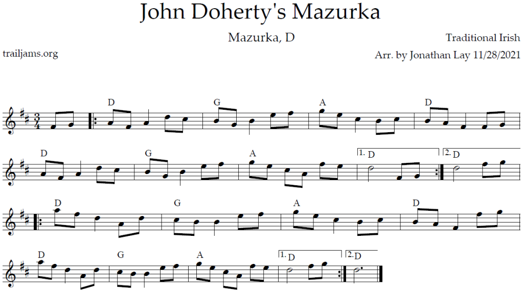 Sheet music (dots) for John Doherty's Mazurka in D. Traditional Irish. Arrangement by Jonathan Lay, trailjams.org.