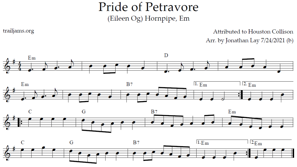 Sheet music for The Pride of Petravore. Hornpipe. Also known as Eileen Og. Chords for The Pride of Petravore. TrailJams Tune of the Week.