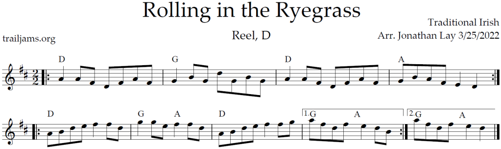 Sheet Music for Rolling in the Ryegrass (The Shannon Breeze). Traditional Irish reel. Key of D major. Chords for Rolling in the Ryegrass. Arranged by Jonathan Lay. trailjams.org