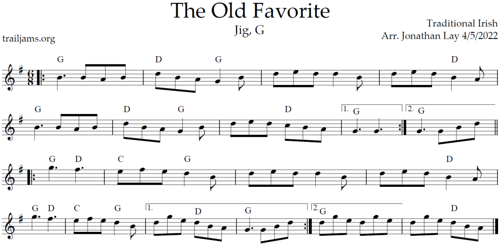 Sheet music for The Old Favorite (The Old Favourite) Traditional Irish Jig. Key of G Major. Arr. Jonathan Lay 4/5/2022. trailjams.org. Chords for The Old Favorite.