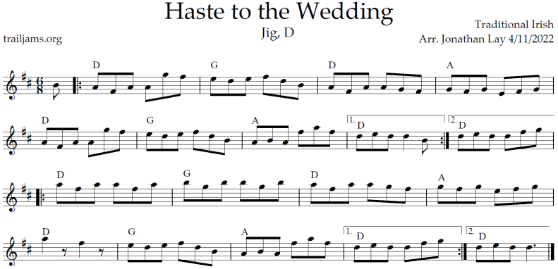 Sheet music for Haste to the Wedding. Traditional Irish Jig. Key of D. Arranged by Jonathan Lay 4/11/2022. Chords for Haste to the Wedding. trailjams.org